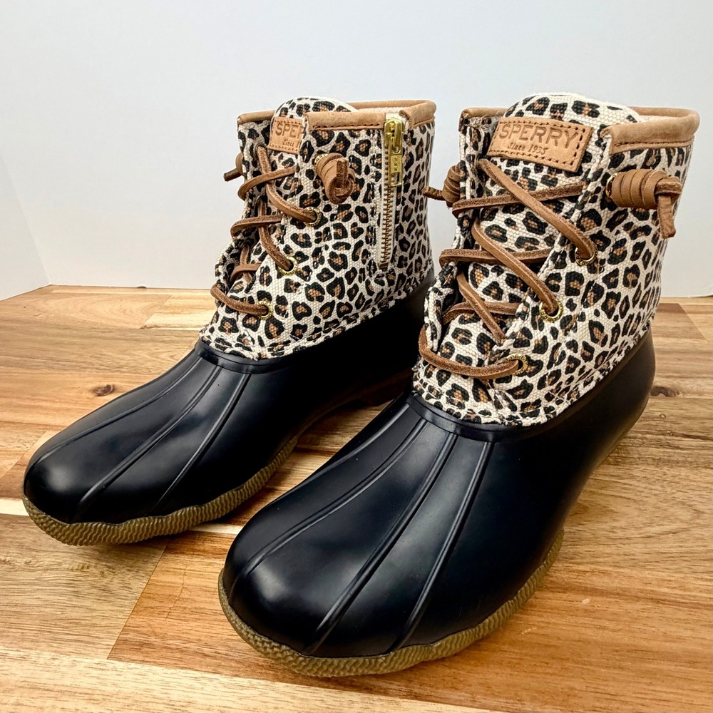 Sperry Saltwater Leopard Print Duck Boots Womens 7 Black Brown STS85919